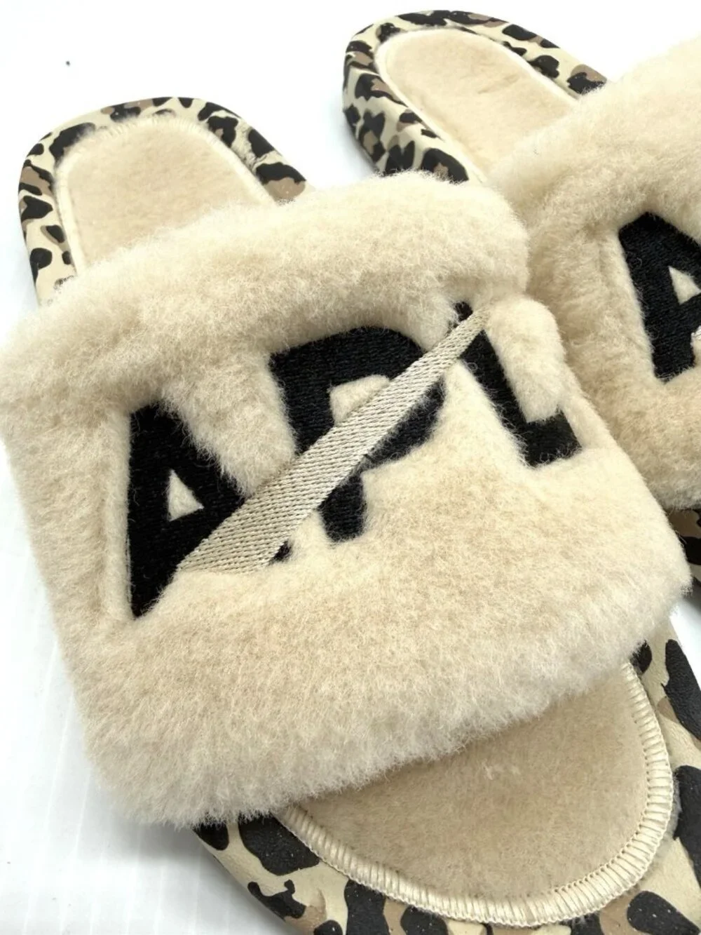 APL Shearling Slide Sandals Womens 8 Leopard Fur Logo Cozy Luxe Comfort Slip